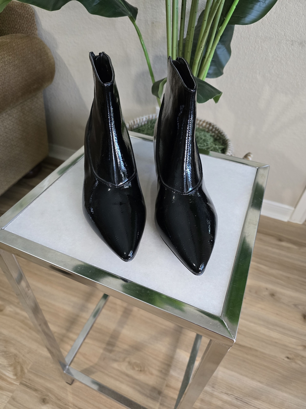 Sleek Black Patent Pointed-Toe Ankle Boots